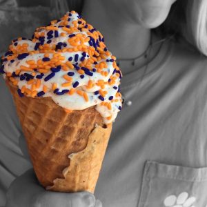 black and white image of ice cream with sprinkles in a cake cone