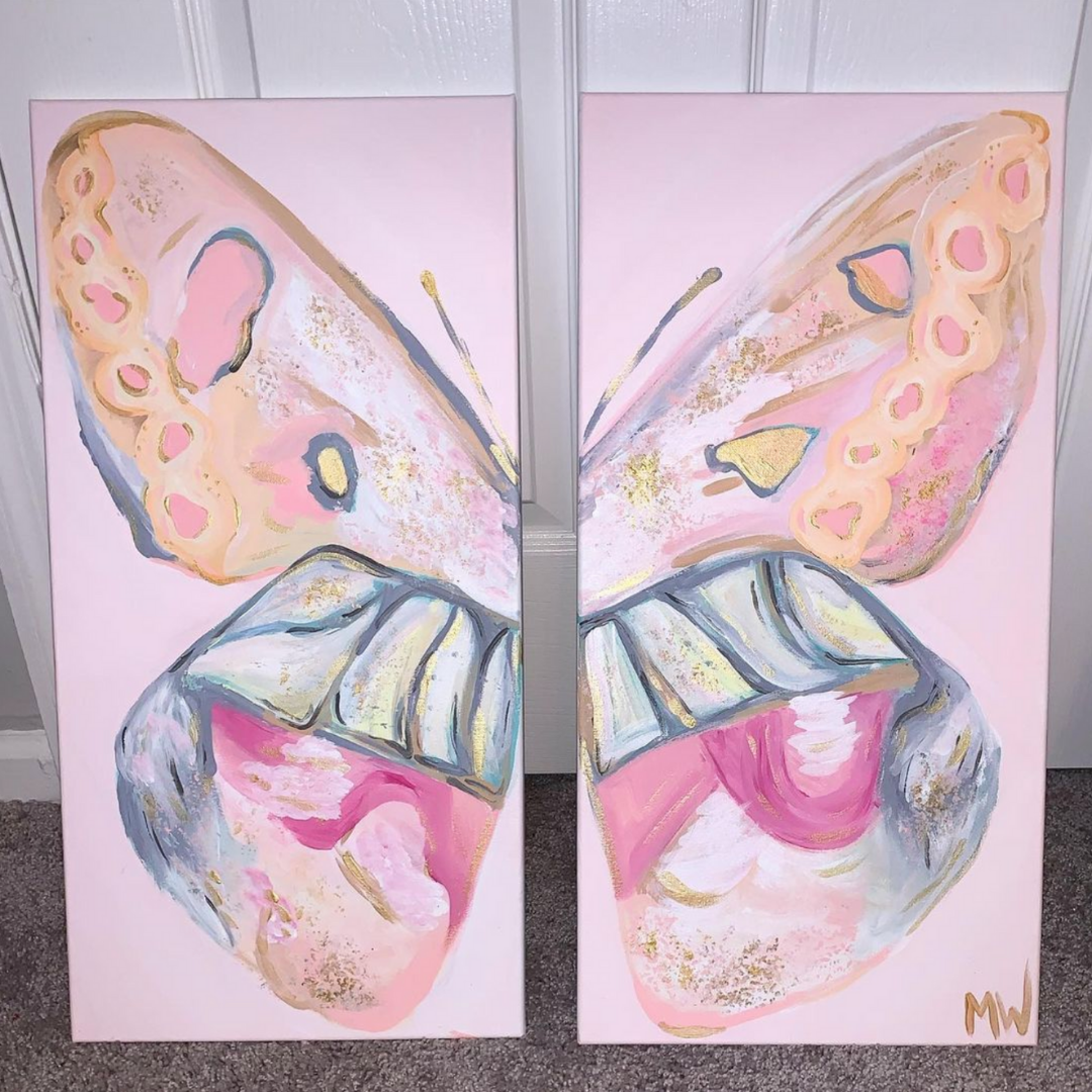 Split canvas butterfly painting with pinks and oranges on the wings