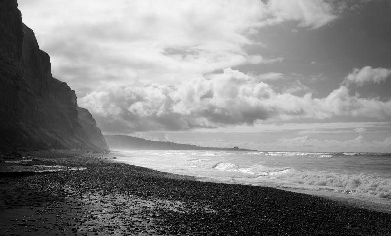 black and white photograph of the coast of San Diego, California